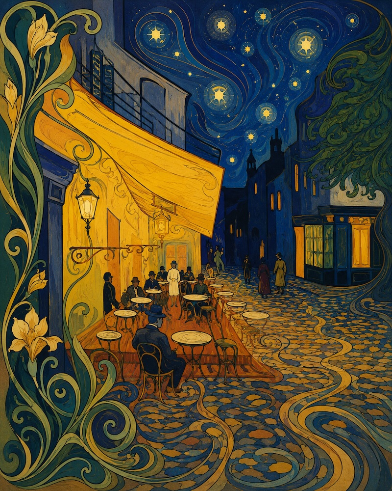 Café Terrace at Night recreated in Art Nouveau style