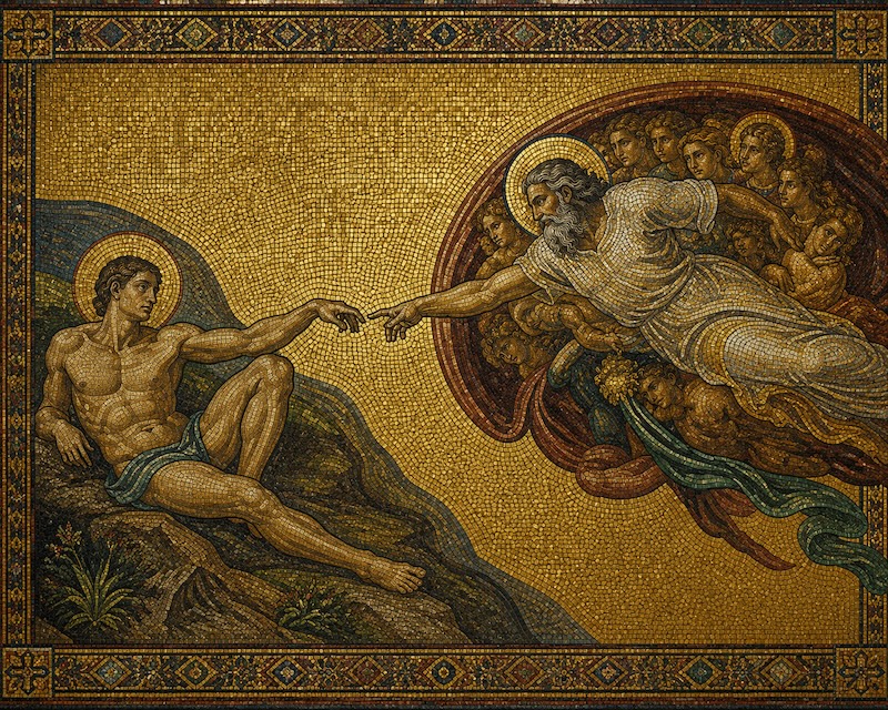 The Creation of Adam recreated as a Byzantine mosaic