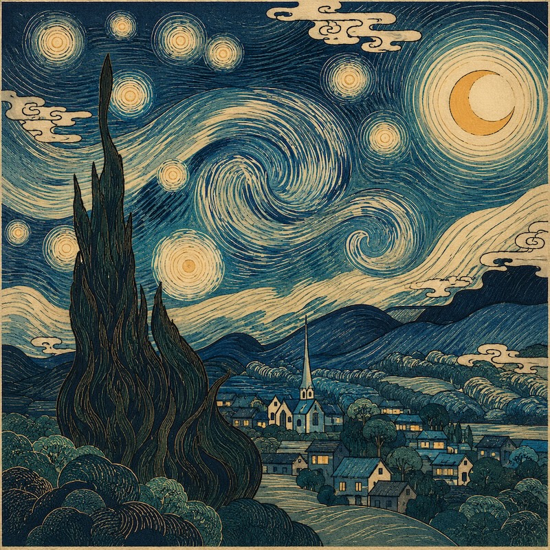 The Starry Night recreated as a Japanese woodblock print