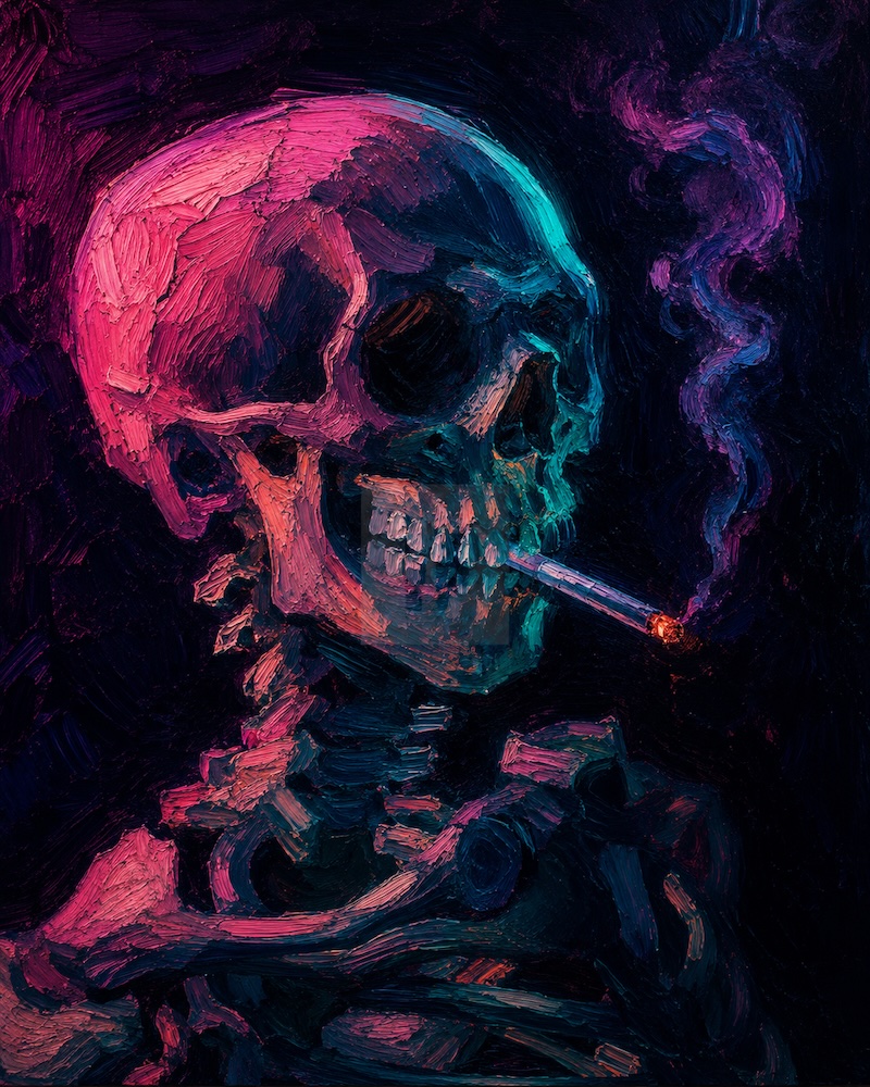 Skeleton with Burning Cigarette recreated in neon noir style